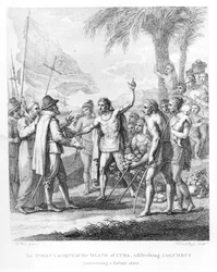 En indiansk Cacique från ön Kuba som vänder sig till Columbus (1451-1500) angående en framtida stat, frontispice till "The History, Civil and Commercial of the British Colonies in the West Indies" av Bry